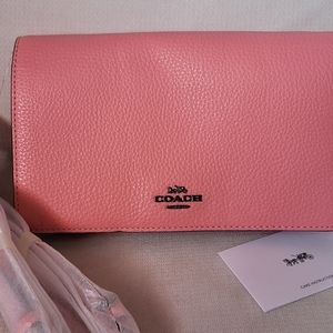 NWT COACH Anna Foldover Clutch Crossbody Pebble Leather Crossbody Pink L…